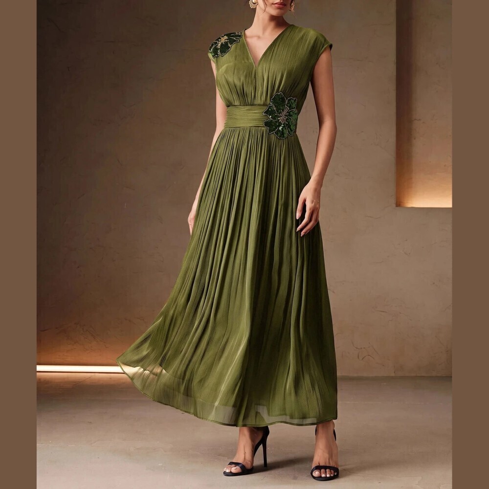 Olive Green Sequin Floral Applique Pleated V Neck Maxi Dress